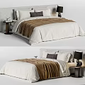 Double Bed with Grey Headboard White Sheets Brown Blanket Pillows and Side Table Lamp
