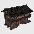 Traditional Chinese Ancient Building With Two Story Wooden Structure Black Tiled Roof And Red Decorations
