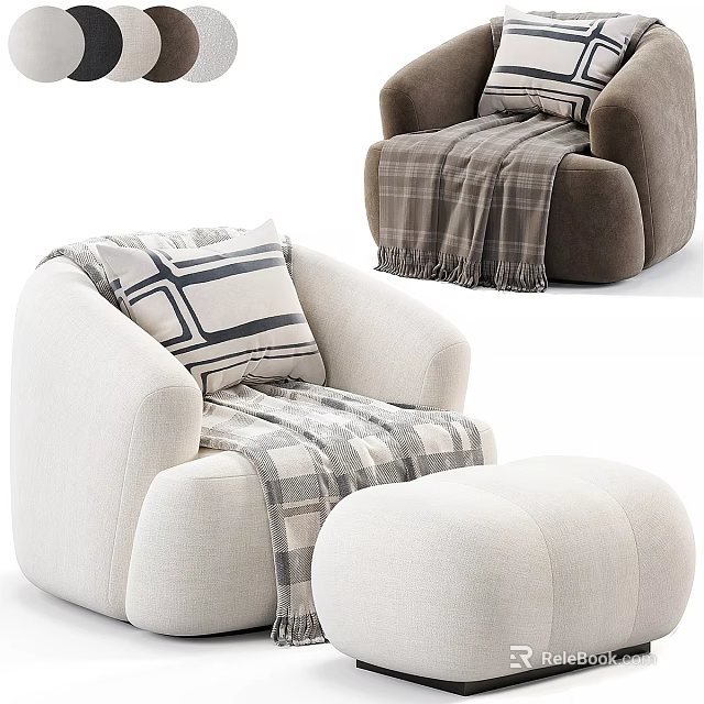 Cozy Beige Single Sofa With Striped Pillow Plaid Throw Blanket And Matching Ottoman 3d model 