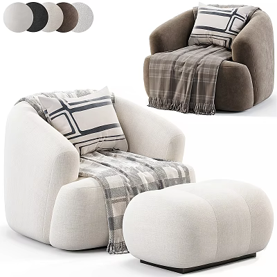 Cozy Beige Single Sofa With Striped Pillow Plaid Throw Blanket And Matching Ottoman 3d model