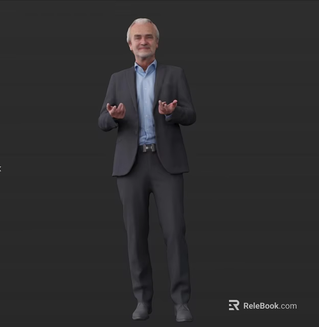 A Man Wearing Grey Suit And Blue Shirt With Open Hands Against Grey Background 3d model 
