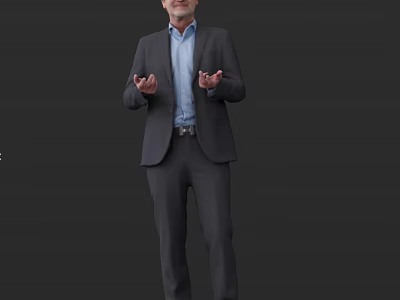 A Man Wearing Grey Suit And Blue Shirt With Open Hands Against Grey Background 3d model