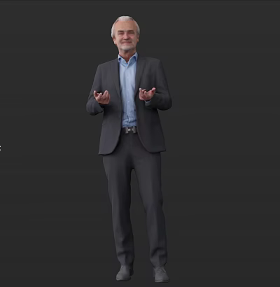 A Man Wearing Grey Suit And Blue Shirt With Open Hands Against Grey Background 3d model
