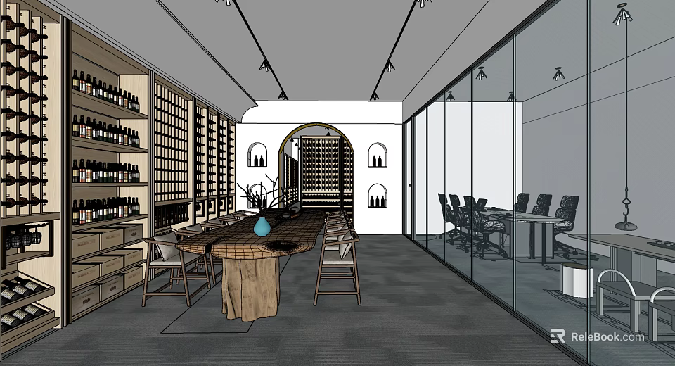 Modern Wine Cellar With Wooden Wine Racks Arched Doorway Glass Walls Tasting Table And Ceiling Lighting 3d model 