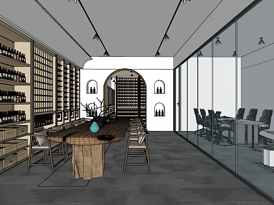 Modern Wine Cellar With Wooden Wine Racks Arched Doorway Glass Walls Tasting Table And Ceiling Lighting 3d model