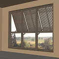 Three Panel Wooden Window With Lattice Design And Scenic Outdoor Nature View