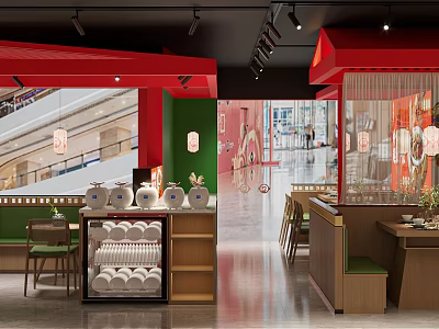 Red Accent Restaurant Interior With Green Walls Lantern Decor White Plate Display And Wooden Seats 3d model