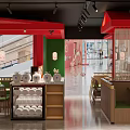 Red Accent Restaurant Interior With Green Walls Lantern Decor White Plate Display And Wooden Seats