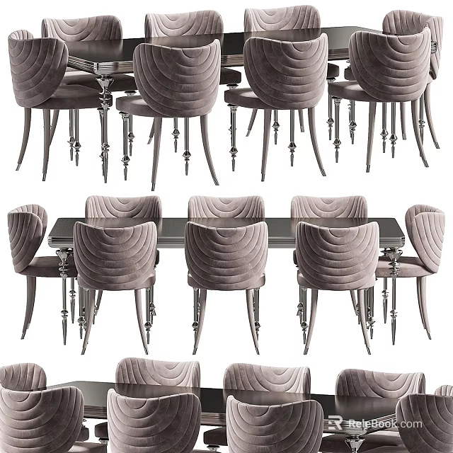 Modern Dining Table Set With Glass Top Table And Velvet Upholstered Dining Chairs 3d model 