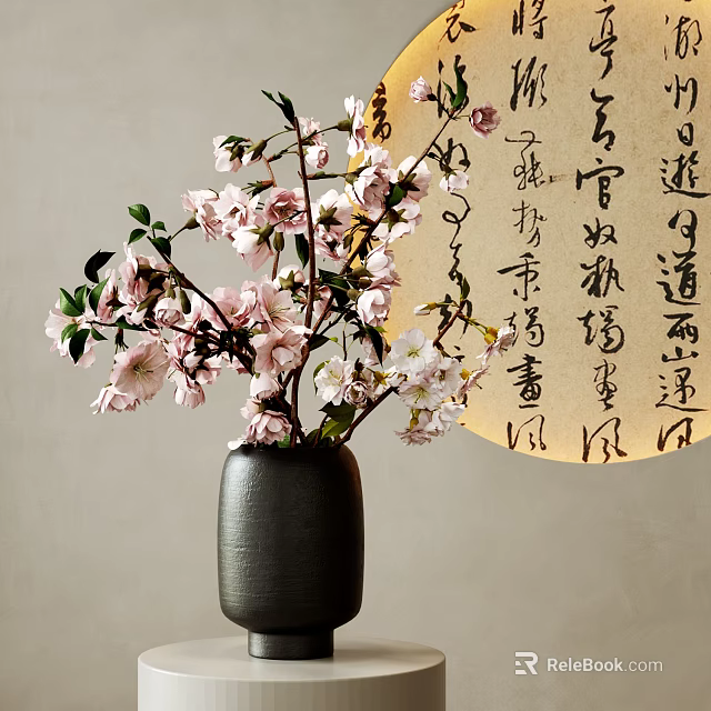 Black Ceramic Vase With Pink Cherry Blossoms And Chinese Calligraphy Scroll 3d model