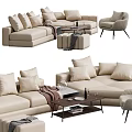 Elegant Modern Light Beige L Shaped Sofa With Coffee Table Throw Pillows And Accent Chair