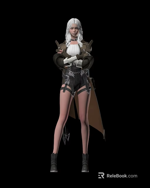 Woman With White Hair Arms Crossed Black Shorts Brown Long Coat Decorative Straps Black Background 3d model 