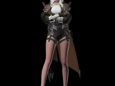Woman With White Hair Arms Crossed Black Shorts Brown Long Coat Decorative Straps Black Background 3d model