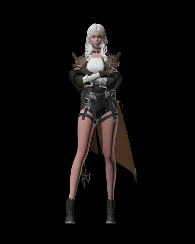Woman With White Hair Arms Crossed Black Shorts Brown Long Coat Decorative Straps Black Background 3d model