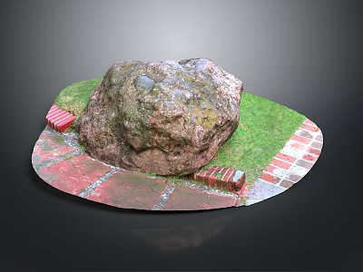 Outdoor Garden Scene With Wooden Accents And Large Stone Decor On Grass Brick Paving 3d model