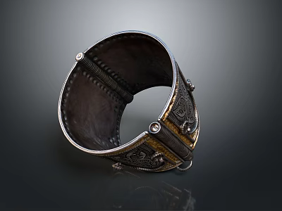 Carved Metal Sculptural Bracelet Featuring Intricate Patterns and Decorative Details 3d model