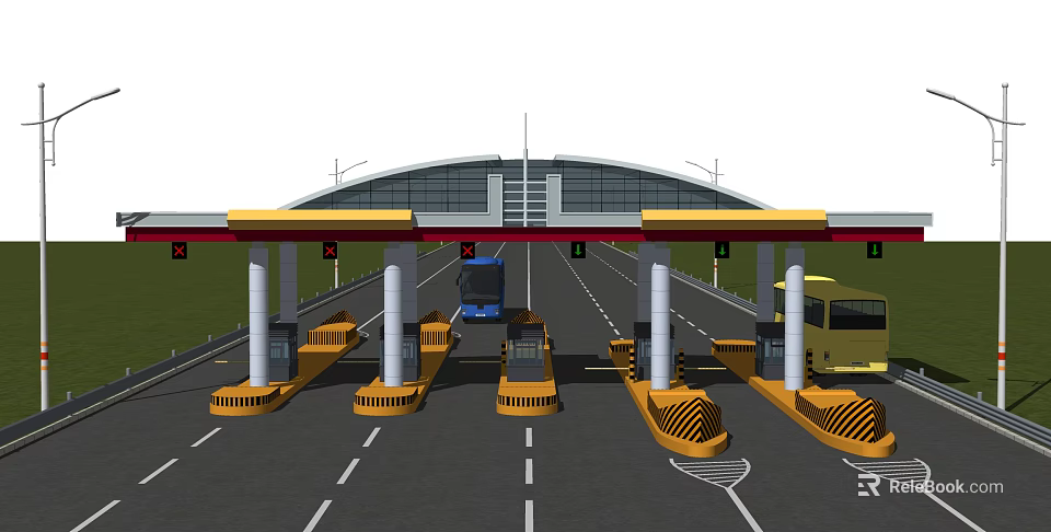 Busy Highway Toll Plaza With Toll Booths Multiple Lanes And Passing Vehicles 3d model 
