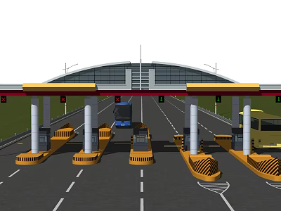 Busy Highway Toll Plaza With Toll Booths Multiple Lanes And Passing Vehicles 3d model