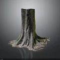 Tree Stump Sculpture With Textured Surface Green Brown Tones Root Like Base On Black Background