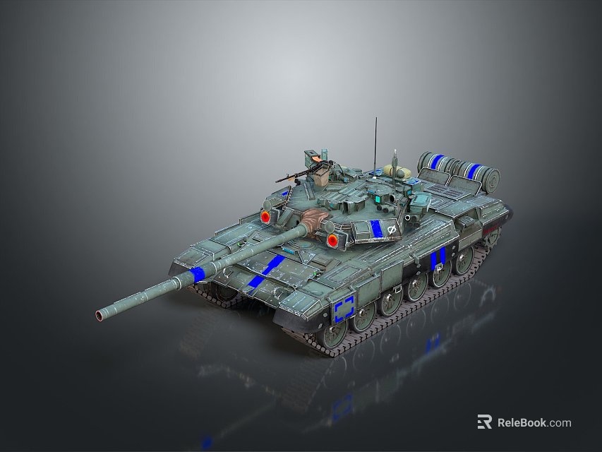 Military Tank With Blue Stripes And Red Lights On Gray Background 3d model 