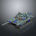 Military Tank With Blue Stripes And Red Lights On Gray Background