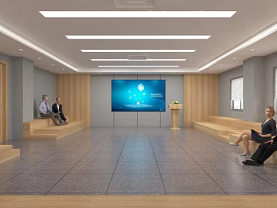School Modern Auditorium Interior With Large Screen Lectern And People Sitting On Stepped Seats 3d model
