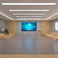 School Modern Auditorium Interior With Large Screen Lectern And People Sitting On Stepped Seats