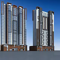 Twin Modern High Rise Residential Buildings With Glass Curtain Walls And Contemporary Facades