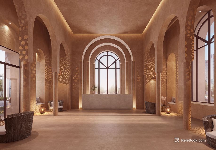 Hotel Public Lounge with Arched Doorways Warm Beige Tones Large Windows and Cozy Seating Areas 3d model 