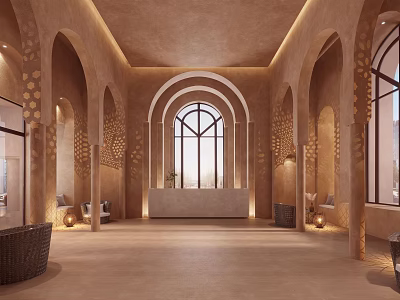 Hotel Public Lounge with Arched Doorways Warm Beige Tones Large Windows and Cozy Seating Areas 3d model