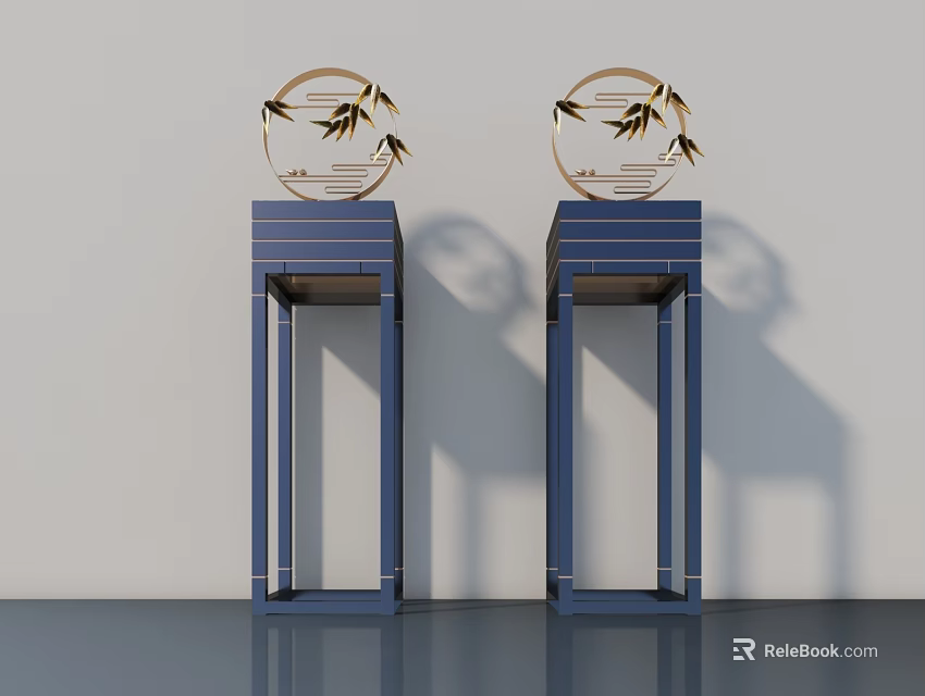Decorative Sculptures With Golden Circular Design And Bamboo Leaves On Blue Pedestals 3d model 
