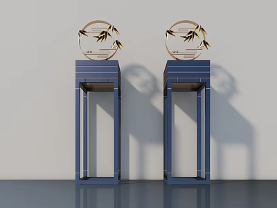Decorative Sculptures With Golden Circular Design And Bamboo Leaves On Blue Pedestals 3d model