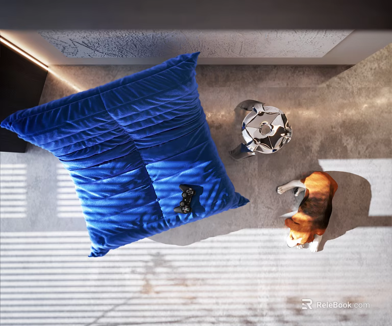 Living Room with Large Blue Cushion Ornamental Object and Cat on Gray Floor 3d model 