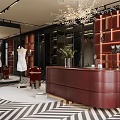 Elegant Walk in Closet with Dark Cabinets Mirrors Chandelier Red Counter and Striped Rug