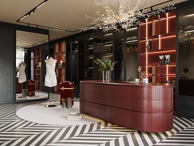 Elegant Walk in Closet with Dark Cabinets Mirrors Chandelier Red Counter and Striped Rug 3d model