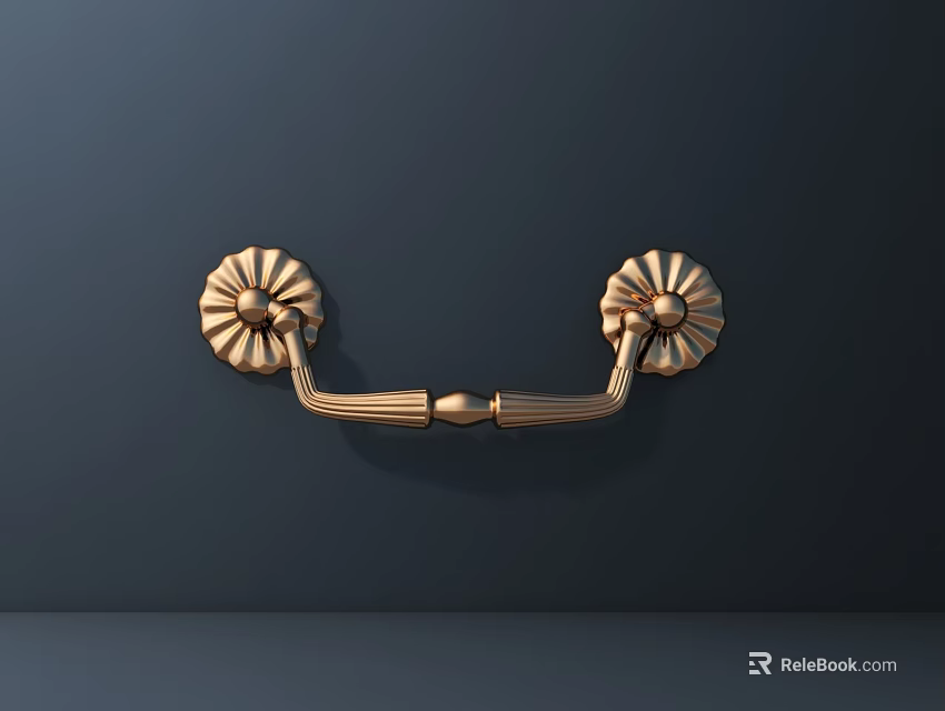 Golden Door Handle With Floral Decorative Elements On Dark Background Wall 3d model 