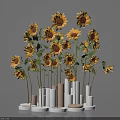 Modern Sunflower Arrangement in Neutral Cylindrical Vases on Gray Background for Home Decor