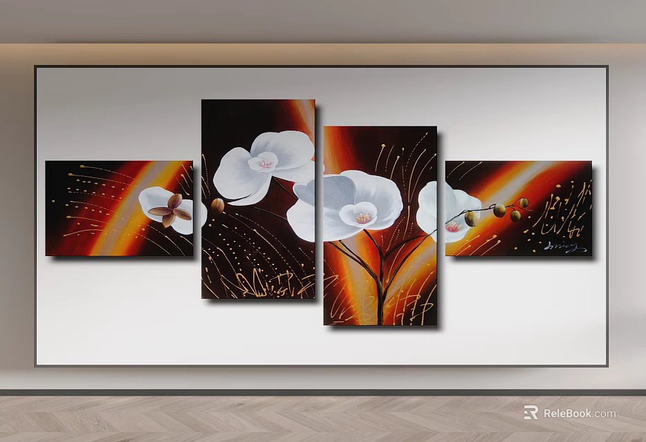 Four Canvas Wall Art Panels Featuring White Orchids With Orange Red Gradient And Gold Strokes 3d model 