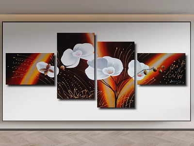 Four Canvas Wall Art Panels Featuring White Orchids With Orange Red Gradient And Gold Strokes 3d model