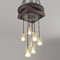 Vintage Wooden Chandelier Suspended by Chains With Multiple Glass Bulbs