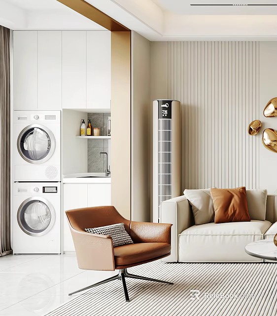 Modern Brown Leisure Chair In Living Interior With Beige Sofa White Cabinets And Gold Decor 3d model 