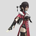 Eastern Themed Female Character In Red Black Outfit With White Fur Trim And Small Creature