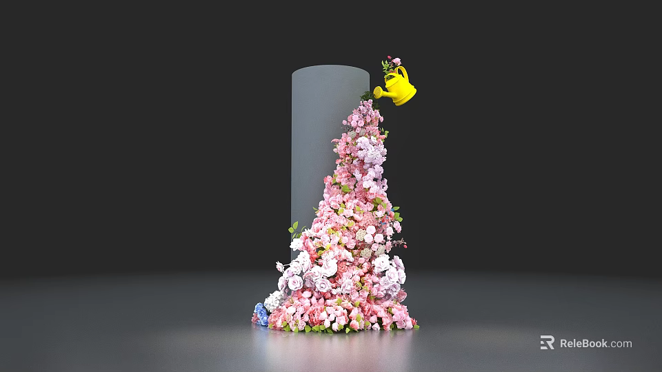 Interactive Area With Pink White Flowers Yellow Watering Can And Gray Column 3d model 