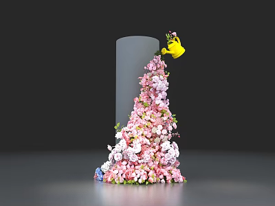 Interactive Area With Pink White Flowers Yellow Watering Can And Gray Column 3d model