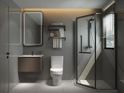Modern Bathroom Interior Design With Glass Shower Enclosure Vanity Toilet Open Shelf And Wall Mirror 3d model