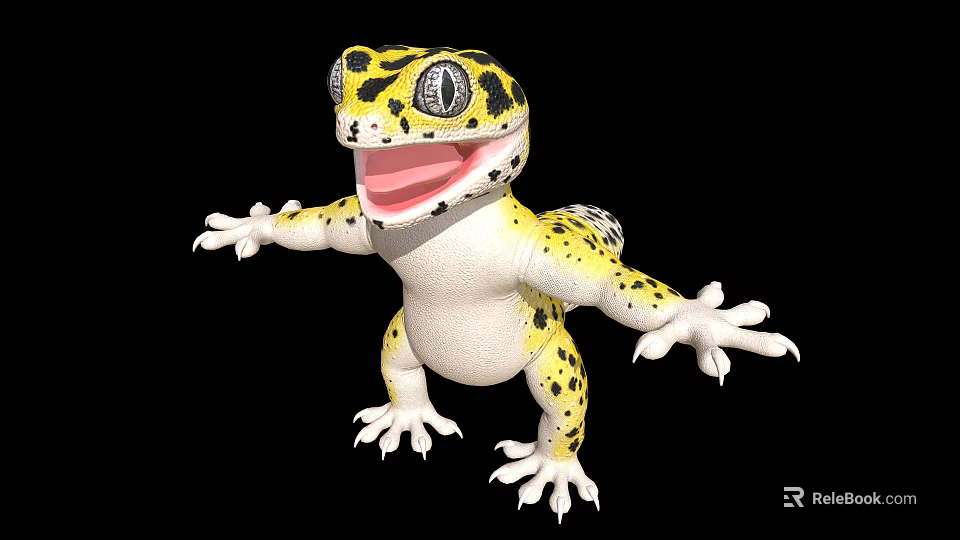 Yellow and Black Spotted Gecko With White Underbelly Open Mouth Outstretched Limbs On Black Background 3d model 