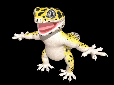 Yellow and Black Spotted Gecko With White Underbelly Open Mouth Outstretched Limbs On Black Background 3d model