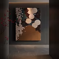 Abstract Painting With White Flowers Dark Background And Golden Modern Interior Decor