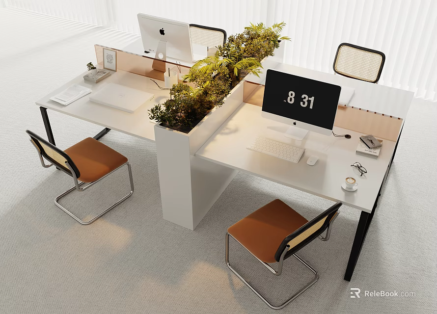 Modern Office Desk Setup With Two Workstations Computer Green Plant Chair Clock And Office Supplies 3d model 