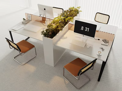 Modern Office Desk Setup With Two Workstations Computer Green Plant Chair Clock And Office Supplies 3d model